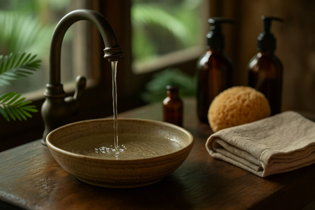 Bathroom clear water, linen towel, calm mood