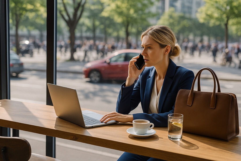 Business woman lunch time but still busy with laptop and talking by phone