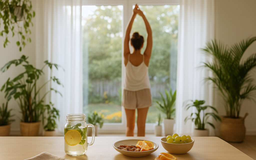 Woman stretching in the morning in cozy room. On the table fresh water with lemon, some fruits, almonds,