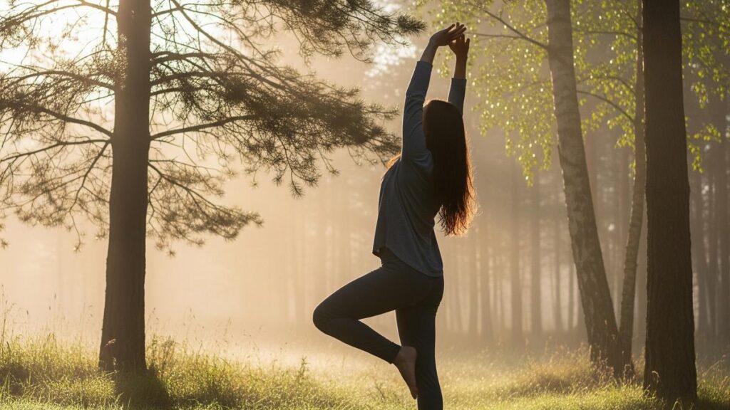 grounding exercise, yoga, forest in the morning, nervous system reset, calming